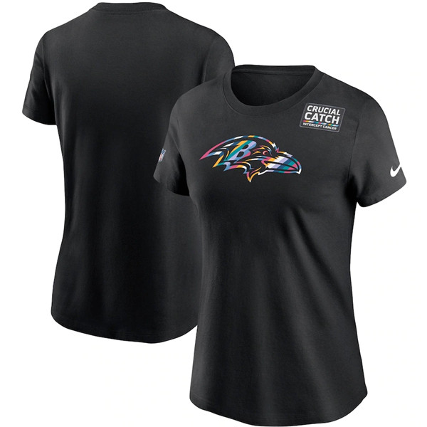 Women's Baltimore Ravens 2020 Black Sideline Crucial Catch Performance NFL T-Shirt(Run Small)